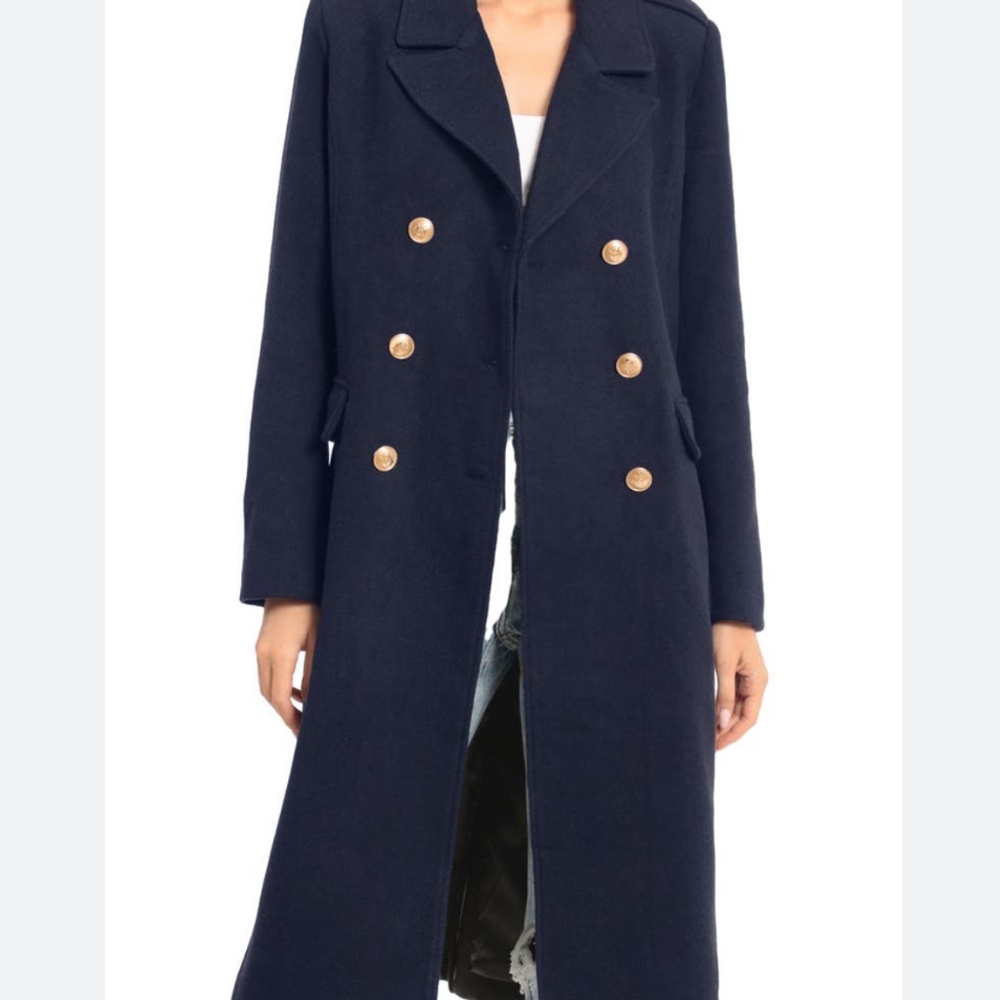 AVEC Les FILLES Wool Blend Double Breasted Long Coat Gold Buttons, Navy | Sz S